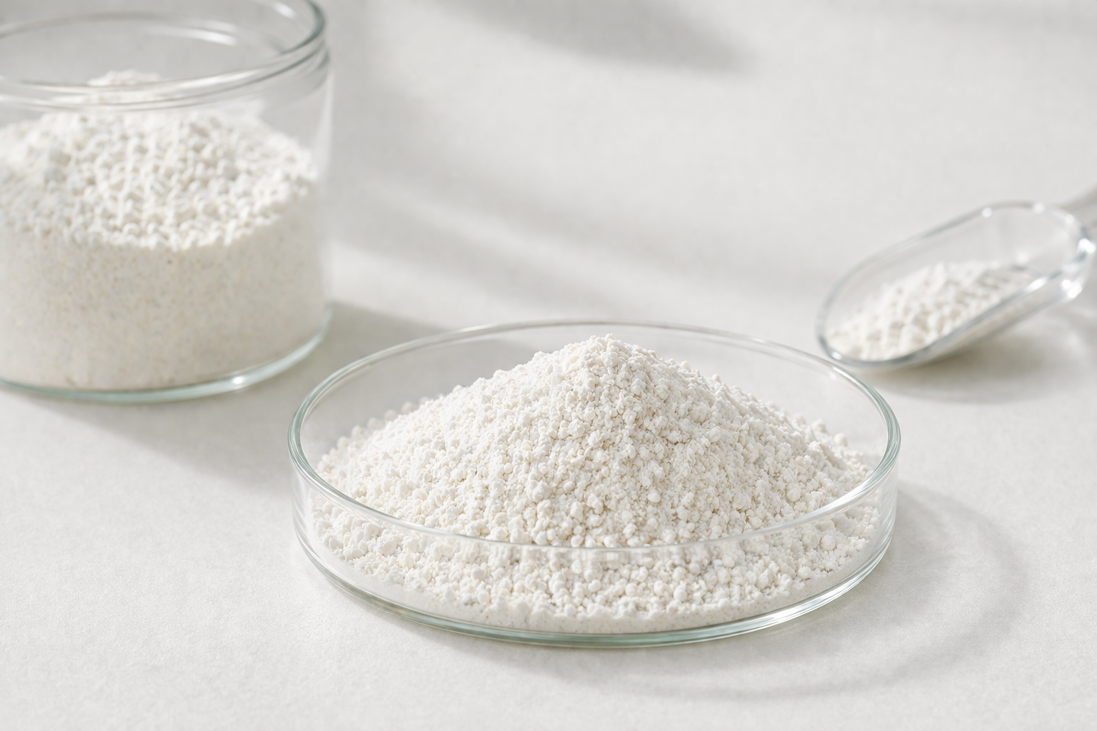 PHPS pregelatinized hydroxypropyl starch in glass petri dish, beaker, and stainless-steel scoop — pharmaceutical-grade plant-based capsule material