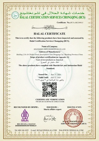 HALAL Certificate HCS-AML.260613 recognized by BPJPH (Indonesia) — Indonesian Halal Standard — Shandong Amylom Biotech, hydroxypropyl starch and compound thickener