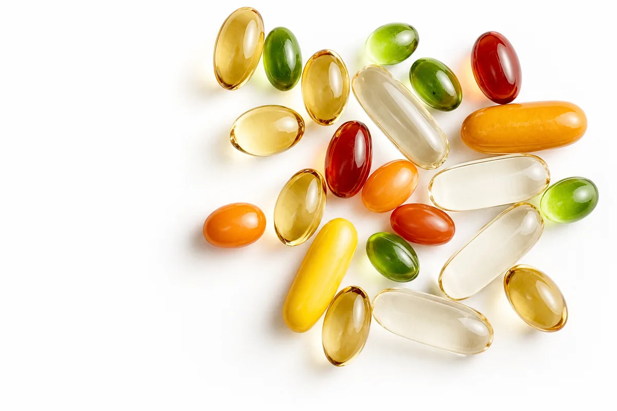 Plant softgel capsules in various colors and shapes — flat-lay product photography